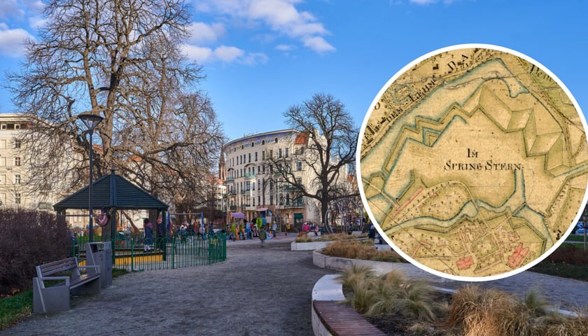 W tle: Skwer Skaczącej Gwiazdy we Wrocławiu. W kółku: fragment mapy Wrocławia z 1794 roku przedstawiający Spring Stern.