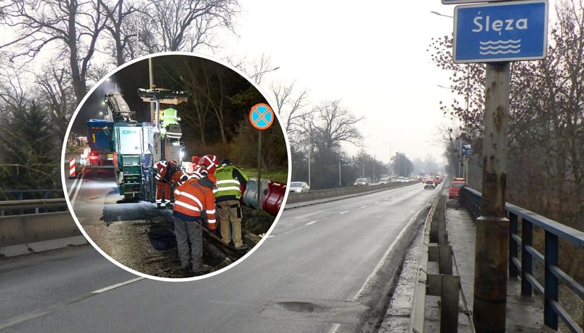 Na dużym zdjęciu Aleja Karkonoska i Most Partynicki (fot. ZDiUM). Na małym, w kółku, zdjęcie archiwalne z nocnych prac na ulicy Grabiszyńskiej (fot. Oleksandr Poliakovsky) 