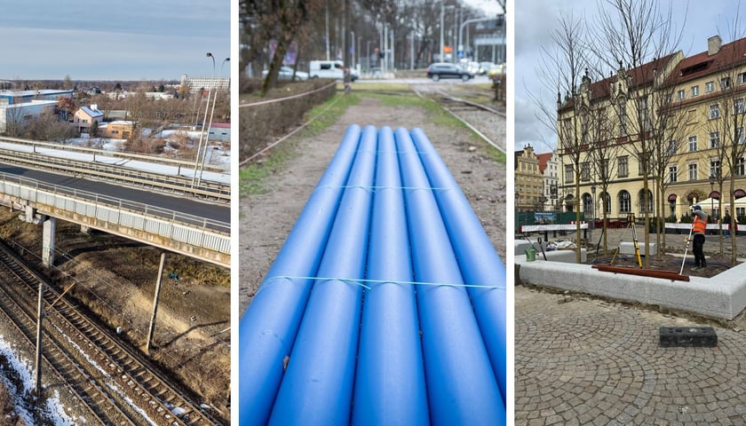 Zdjęcie podzielone na trzy części: z lewej - Estakada na Al. Sobieskiego i jadący po niej samochód; w środku - rury z tworzywa sztucznego, które zastąpią żeliwną magistralę wodociągową na ul. Mickiewicza; z prawej - prace przy zazielenianiu Rynku - tworzenie boskiety koło pomnika Fredry.