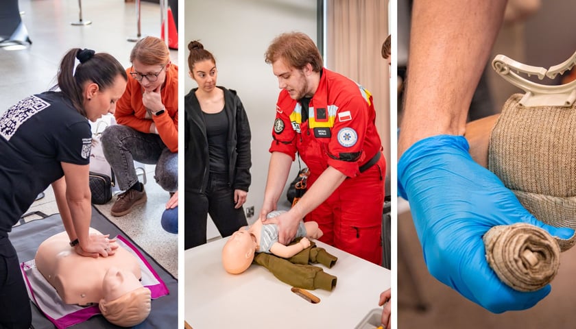 Zdjęcie podzielone na trzy części: z lewej - dwie kobiety podczas ćwiczenia akcji resuscytacyjnej na fantomie; w środku - ratownik demonstrujący jak wykonać masaż serca niemowlakowi; z prawej - dłoń ratownika owijająca ramię poszkodowanego opaską uciskową.