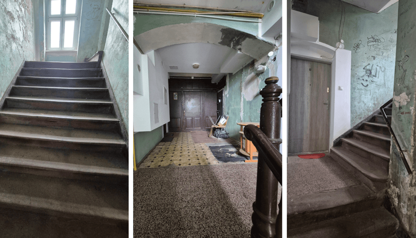 Na wszystkich trzech zdjęciach wnętrza klatki schodowej budynku przy Benedyktyńskiej 22