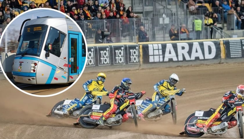 W tle: mecz żużlowy na stadionie, w kółku: tramwaj
