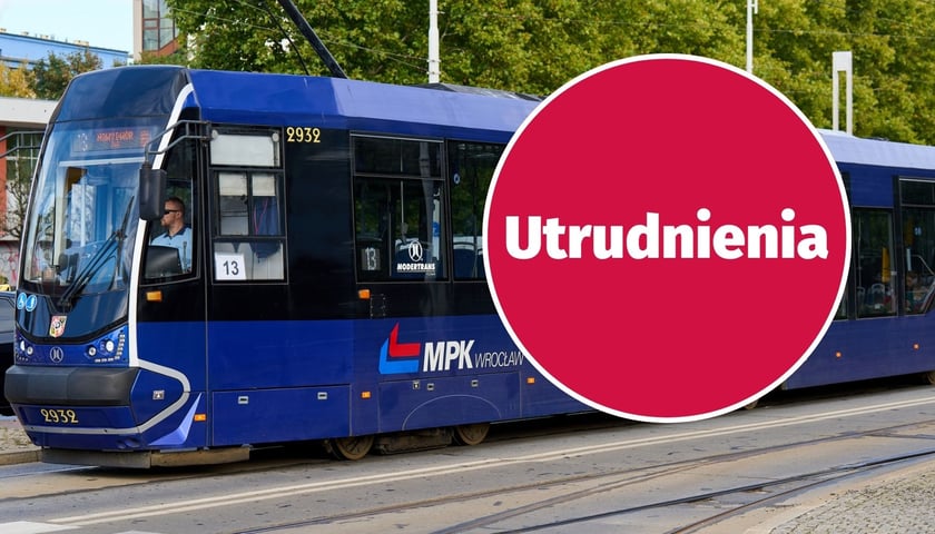 Zdjęcie ilustracyjne - w tle: tramwaj, w kółku: napis ''utrudnienia''