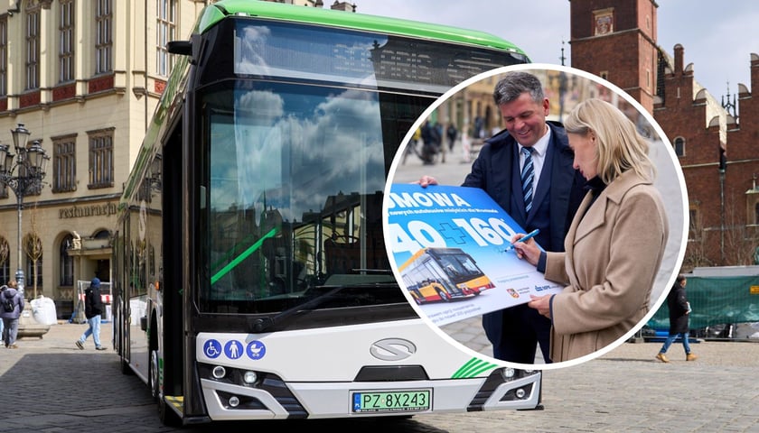 Duże zdjęcie: demonstracyjny egzemplarz autobusu Solaris Urbino 12 Electric na wrocławskim rynku. Małe zdjęcie: wiceprezydent Renata Granowska symbolicznie podpisuje umowę na zakup Solarisów, planszę trzyma wiceprezes MPK Wrocław Przemysław Nowicki 