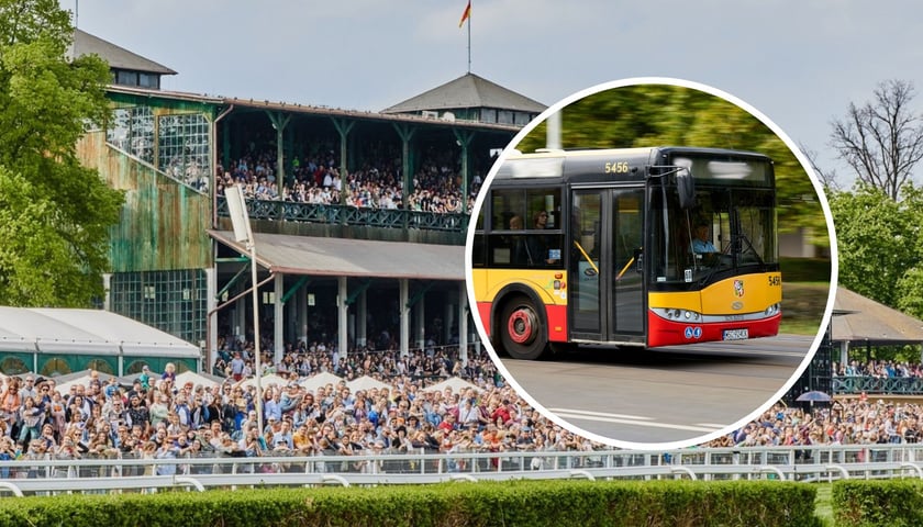 W tle: trybuna Wrocławskiego Toru Wyścigów Konnych, w kółku: autobus