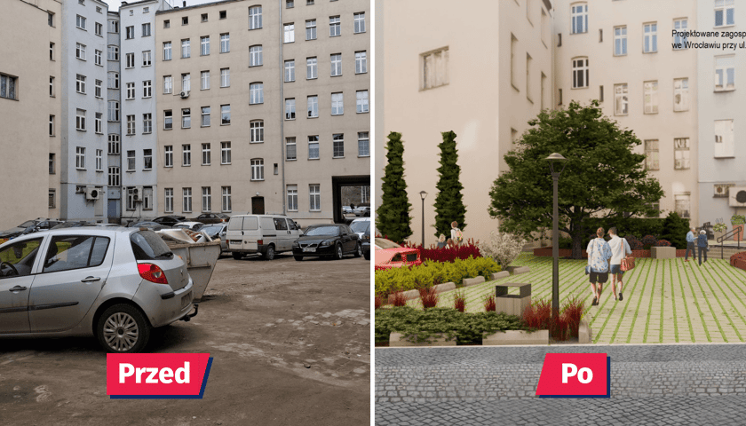 Po lewej - obecny stan podwórka przy Nobla isw. Wincentego, po prawej wizualizacja efektu 
