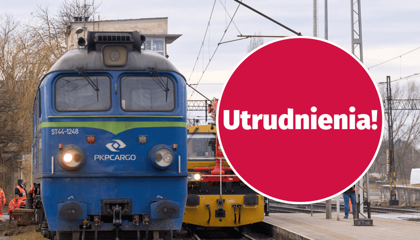 Zdjęcie ilustracyjne - pociąg, w kółku napisa utrudnienia