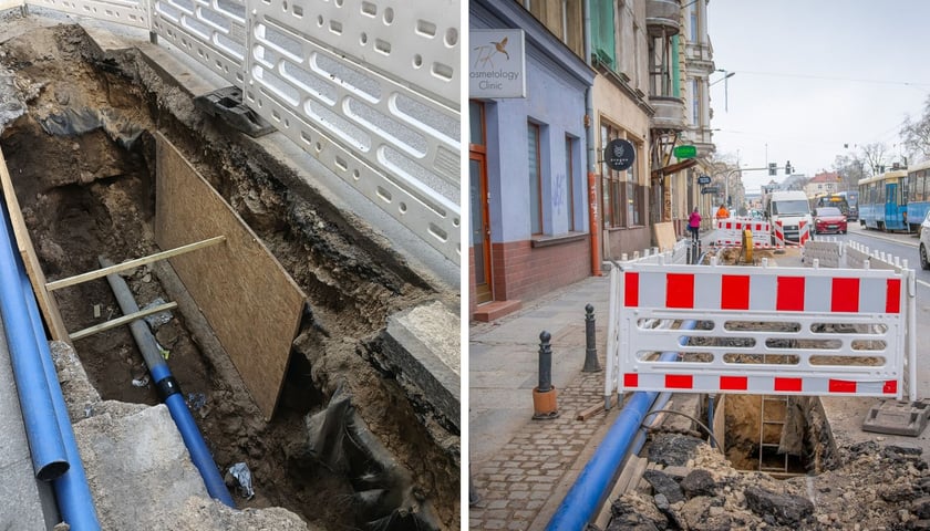 Zdjęcie podzielone na pól - z lewej - widoczny wykop z ułożonymi na dnie rurami z niebieskiego tworzywa, po prawej - ul. Skargi z wygrodzonym białymi płotkami wykopem - modernizacja sieci wodociągowej prowadzona przez MPWiK.