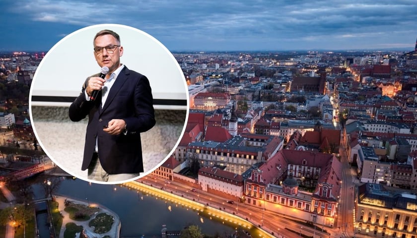 Panorama Wrocławia, widok z drona (zdjęcie ilustracyjne), w kółku: Przemysław Matyja, dyrektor Wydziału Planowania Przestrzennego i Urbanista Miasta