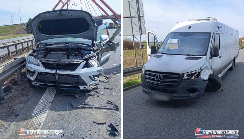 Zdjęcie podzielone na pół: z lewej - przód rozbitego auta osobowego na autostradzie A4, z prawej - uszkodzony wskutek kolizji samochód dostawczy - wypadek na A4 10 kwietnia 2026 r.