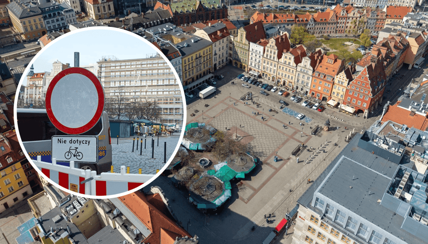 Plac Solny z loty ptaka, w kółeczku znak zakazu ruchu postawiony przy okazji zamknięcia placu Solnego dla samochodów i motocykli zimą, podczas funkcjonowania jarmarku Bożonarodzeniowego / zdjęcie ilustracyjne 