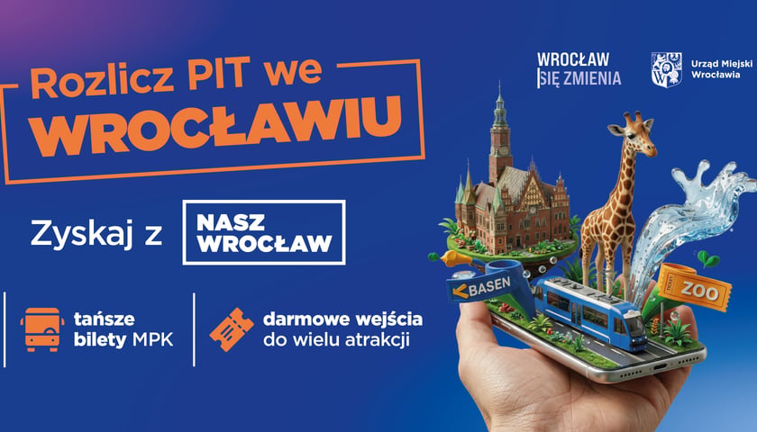 Powiększ obraz: Grafika z hasłem głównym "Rozlicz PIT we Wrocławiu". Poniżej: Zyskaj z "Nasz Wrocław", tańsze bilety MPK i darmowe wejścia do wielu atrakcji