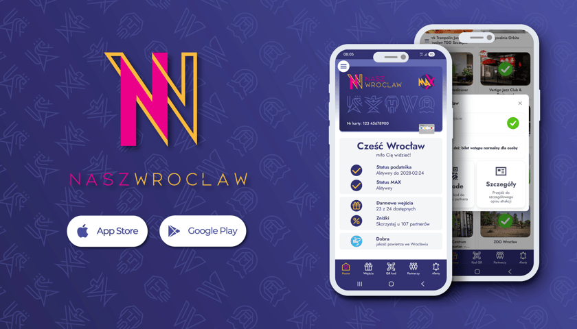 Powiększ obraz: Na granatowym tle  widoczne są dwa ekrany smartfonów, na których wyświetlona jest aplikacja "Nasz Wrocław"