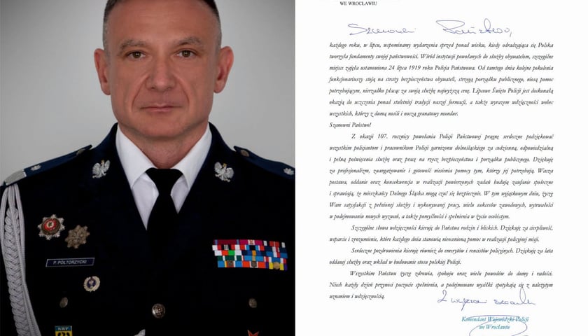 Powiększ obraz: Życzenia Komendanta Wojewódzkiego Policji we Wrocławiu z okazji Święta Policji