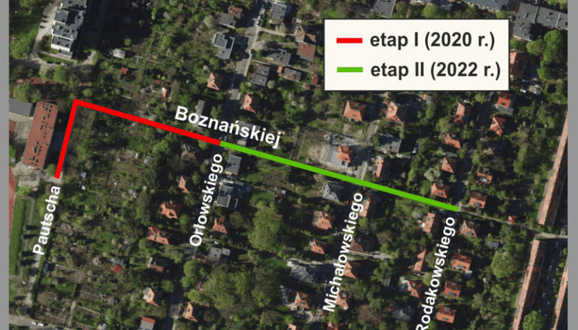 Powiększ obraz: mapka przedstawiająca pierwszy i drugi etap remontu alejek Olgi Boznańskiej