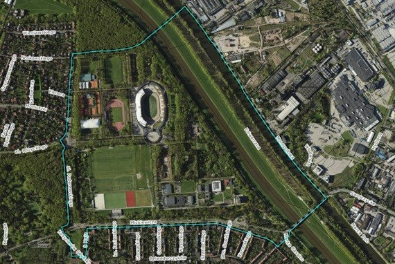 Powiększ obraz: Granice proponowanego przystąpienia do sporządzenia miejscowego planu zagospodarowania przestrzennego dla zespołu terenów olimpijskich we Wrocławiu
