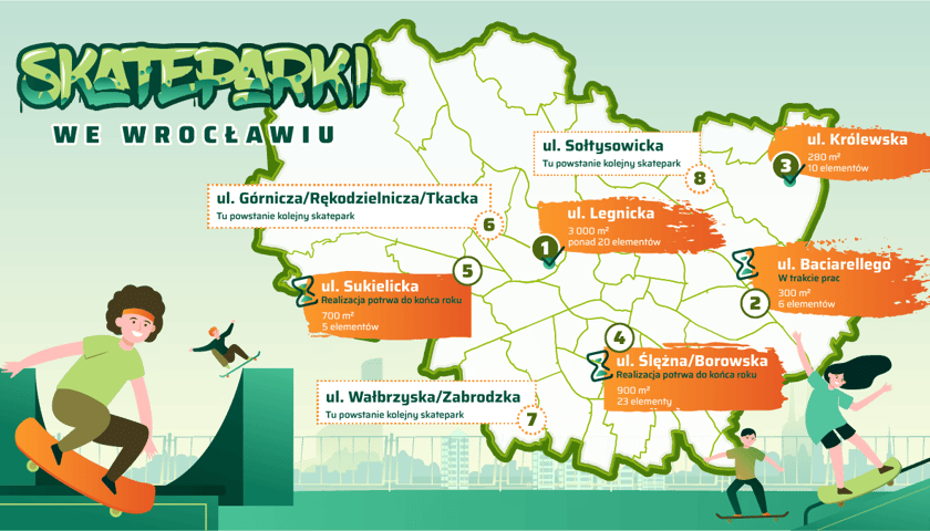 Powiększ obraz: mapa skateparków we Wrocławiu