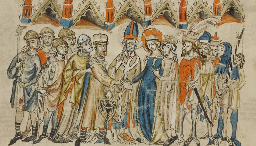 Powiększ obraz: Ślub Henryka I Brodatego z Jadwigą z Andechs, obraz z XIV wieku