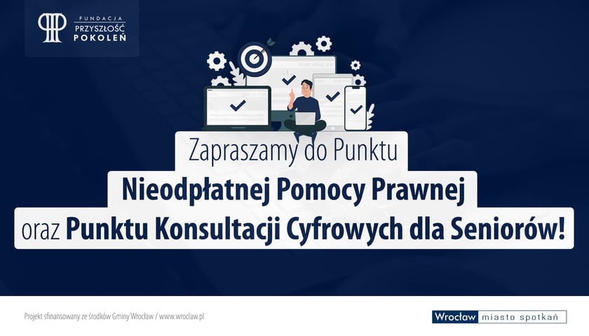 Powiększ obraz: Grafika z hasłem: Zapraszamy do punktu nieodpłatnej pomocy prawnej oraz punktu konsultacji cyfrowych dla seniorów