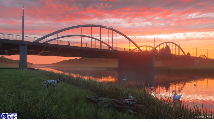 Powiększ obraz: Wizualizacja mostów Chrobrego na tle zachodzącego słońca