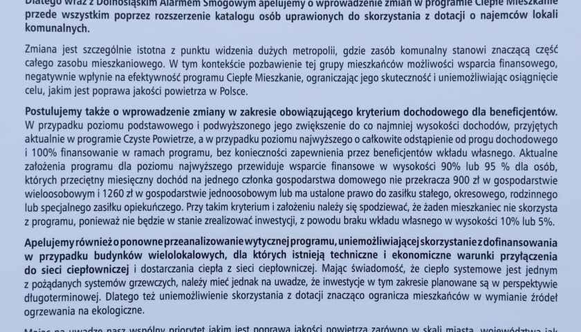 Treść postulatu zmian w programie Ciepłe Mieszkanie