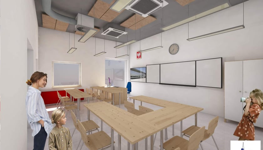 Wizualizacja nowej sali w budynku szkoła i przedszkola nr 12 na Maślicach we Wrocławiu