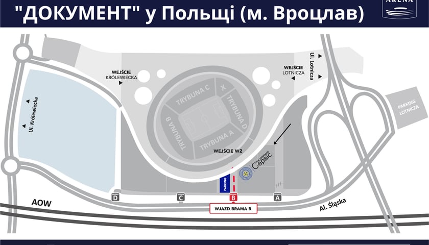 Powiększ obraz: Mapa Tarczyński Arena Wrocław z mobilnym punktem paszportowym dla Ukraińców