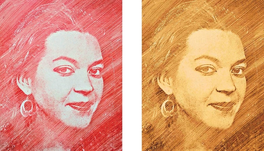 Powiększ obraz: Podwójne zdjęcie wrocławskiej aktorki Małgorzaty Napiórkowskiej z wystawy Portrety Aktorów i Aktorek