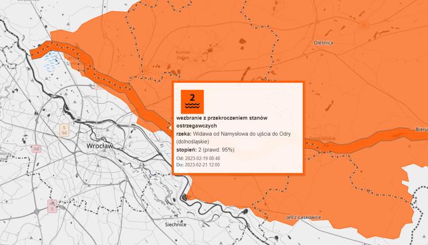 Powiększ obraz: Mapa przedstawiająca ostrzeżenie hydrologiczne na Widawie 19.02.2023