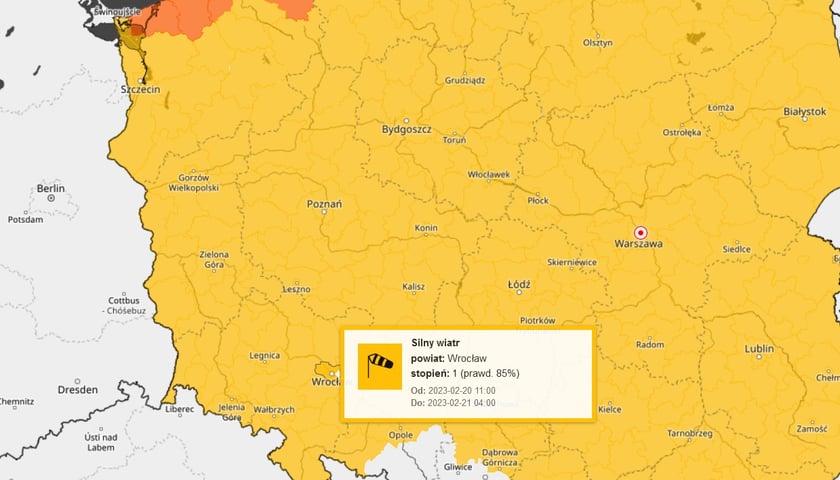 Powiększ obraz: ostrzeżenie IMGW dla Wrocławia - 20.02.2023