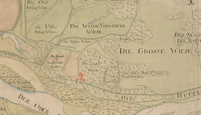 Powiększ obraz: Fragment XIX-wiecznej mapy dzisiejszego Biskupina z zaznaczonym miejscem nazwanym Am Alten Schloss