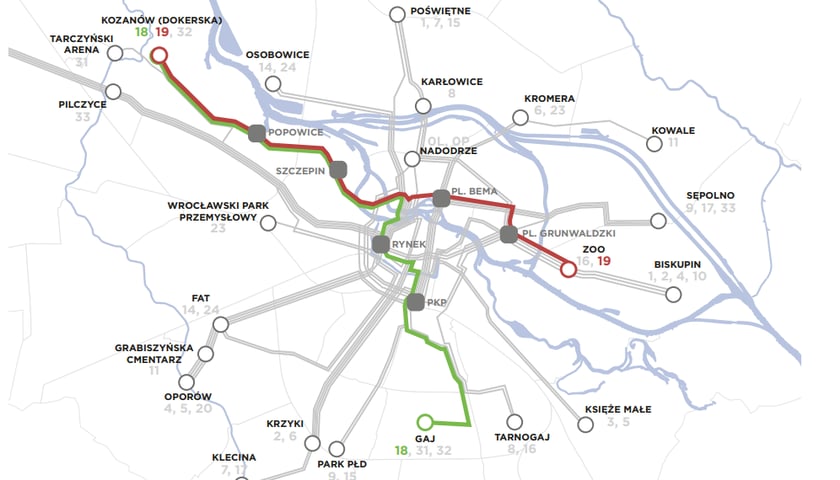 Powiększ obraz: Mapa dwóch tras tramwajowych z Kozanowa przez Popowice na Gaj i do zoo Wrocław