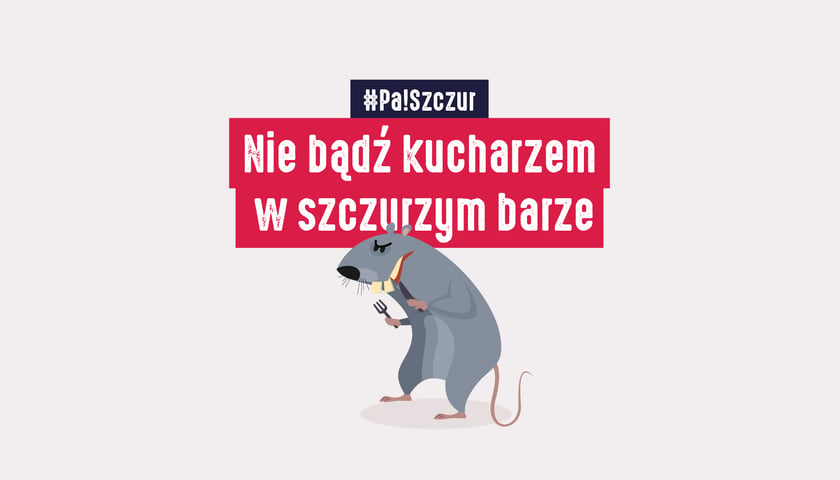 Powiększ obraz: Grafika kampanii Pa!Szczur - szczur z napisem "Nie bądź kucharzem w szczurzym barze"