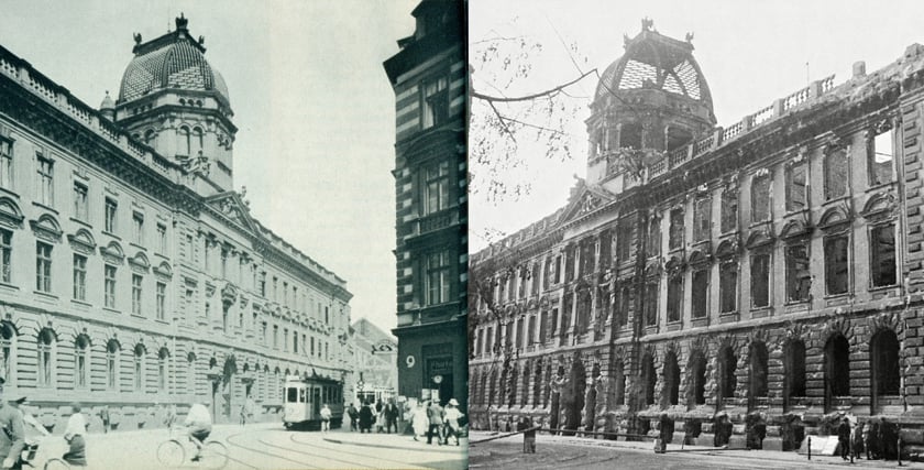 Powiększ obraz: Fotografia po lewej - lata 1920-1935, budynek poczty przy ul. bł.Czesława (obecnie pl. Dominikański). Teraz z prawej strony jest Galeria Dominikańska, źródło: Encyklopedia Wrocławia Wydawnictwo Dolnośląskie / fotopolska.eu. Fotografia po prawej - poczta rok 1945,