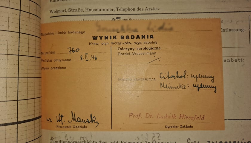Dokument z archiwum dawnej kliniki ginekologicznej