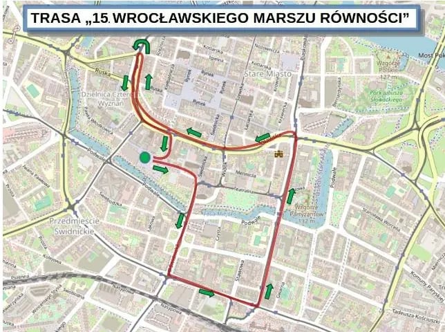 Powiększ obraz: Mapa przebiegu marszu we Wrocławiu