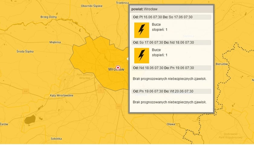 Powiększ obraz: Ostrzeżenie pierwszego stopnia przed burzami we Wrocławiu