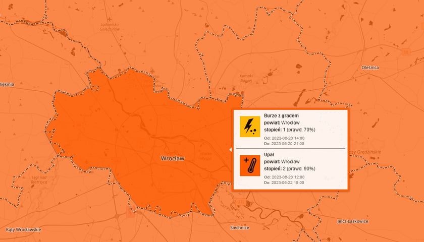 Powiększ obraz: Ostrzeżenie pierwszego stopnia dla Wrocławia 20 czerwca - burze z gradem