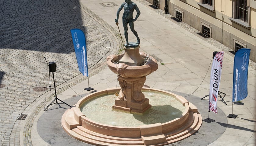 Odsłonięcie fontanny Szermierz po renowacji na pl. Uniwersyteckim we Wrocławiu