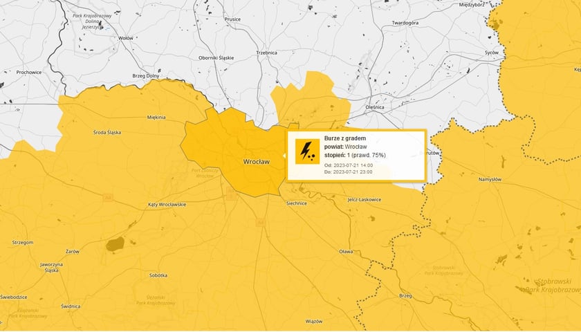 Powiększ obraz: Burze nad Wrocławiem 21 lipca - ostrzeżenie IMGW - mapa