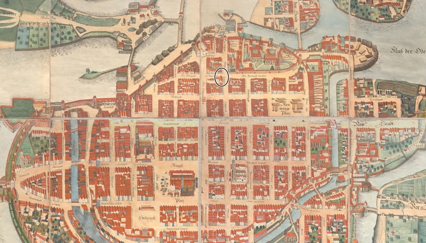 Powiększ obraz: Fragment planu Wrocławia z 1562 r., planu Weihnerów. Zaznaczony budynek przy ul. Szewskiej