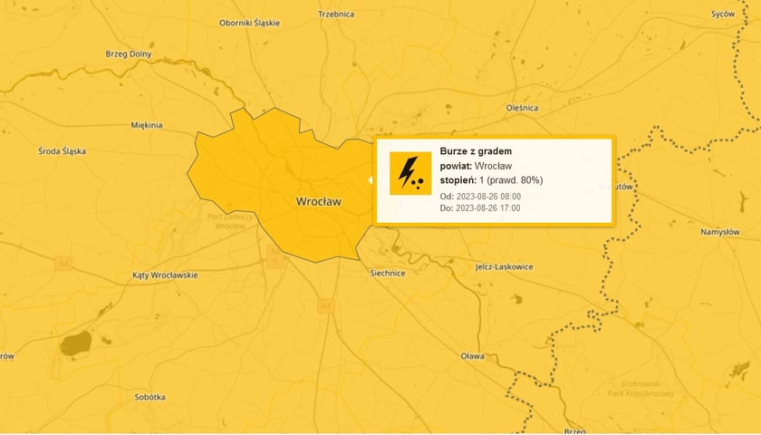 Powiększ obraz: Mapa IMGW z ostrzeżeniem przed burzami we Wrocławiu