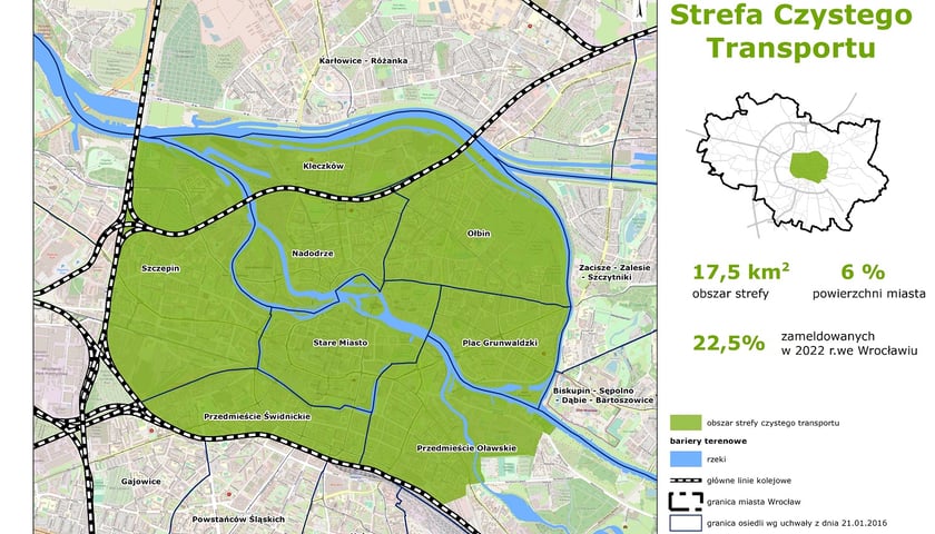 Powiększ obraz: Infografika przedstawiająca proponowaną Strefę Czystego Transportu, obejmującą osiadla: Kleczków, Szczepin, Nadodrze, Ołbin, Stare Miasto, Przedmieście Świdnickie, Przedmieście Oławskie i Plac Grunwaldzki