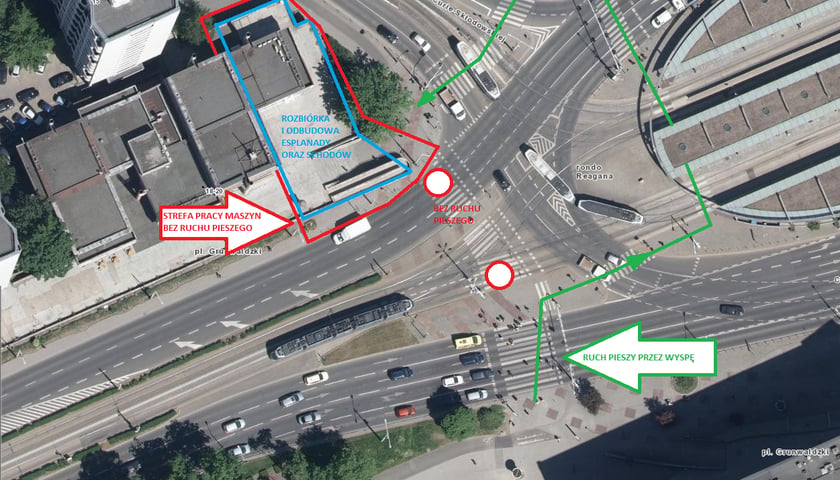 Powiększ obraz: Mapka z organizacją ruchu przy esplanadzie na pl. Grunwaldzkim