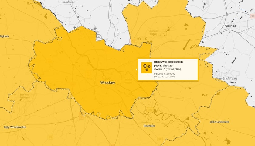 Powiększ obraz: Ostrzeżenie IMGW 1. stopnia - intensywne opady śniegu we wtorek 28 listopada