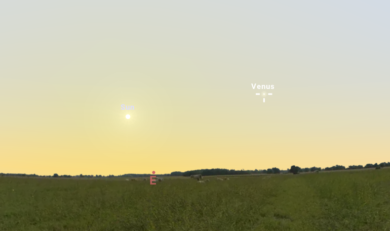 Powiększ obraz: Na zdjęciu niebo w trakcie wschodu słońca. Spoglądając na wschodnie niebo we Wrocławiu w godzinach porannych można zaobserwować Wenus (jasny punkt zaznaczony na niebie).