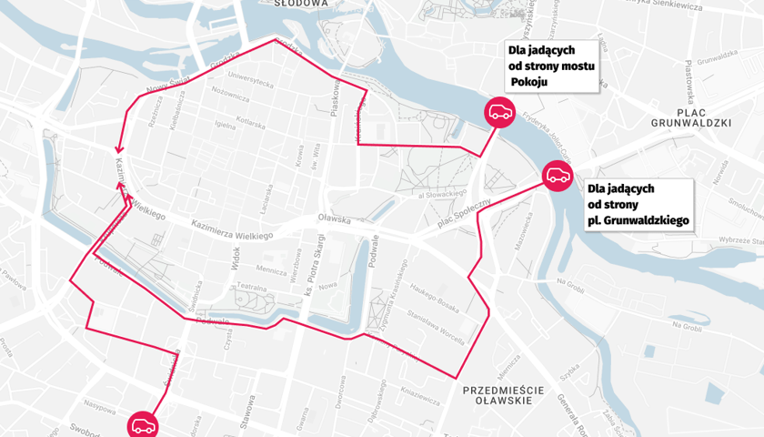 Powiększ obraz: <p>Mapa objazd&oacute;w w centrum Wrocławia</p>