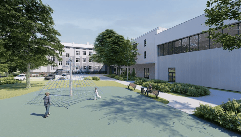 Powiększ obraz: Wizualizacja rozbudowy Szkoły Podstawowej nr 6 we Wrocławiu. W nowym budynku będzie znajdować się m.in. sala gimnastyczna