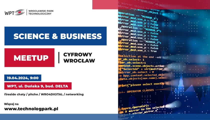 Powiększ obraz: Plakat Science&Business MeetUp pod hasłem „Cyfrowy Wrocław”