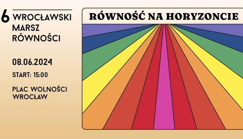 Powiększ obraz: <p>Grafika informacyjna o Marszu Równości z napisem: Równość na Horyzoncie; 16. Wrocławski Marsz Równości 08.06.2024; start: 15.00; plac Wolności Wrocław</p>
